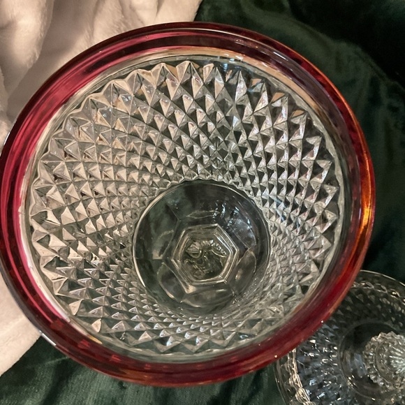 Vintage Indiana Glassware Diamond point Ruby cut Scalloped Footed Candy Dish - Picture 3 of 4